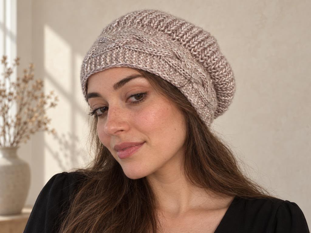 Handmade cable knit beanie in cotton merino, worn