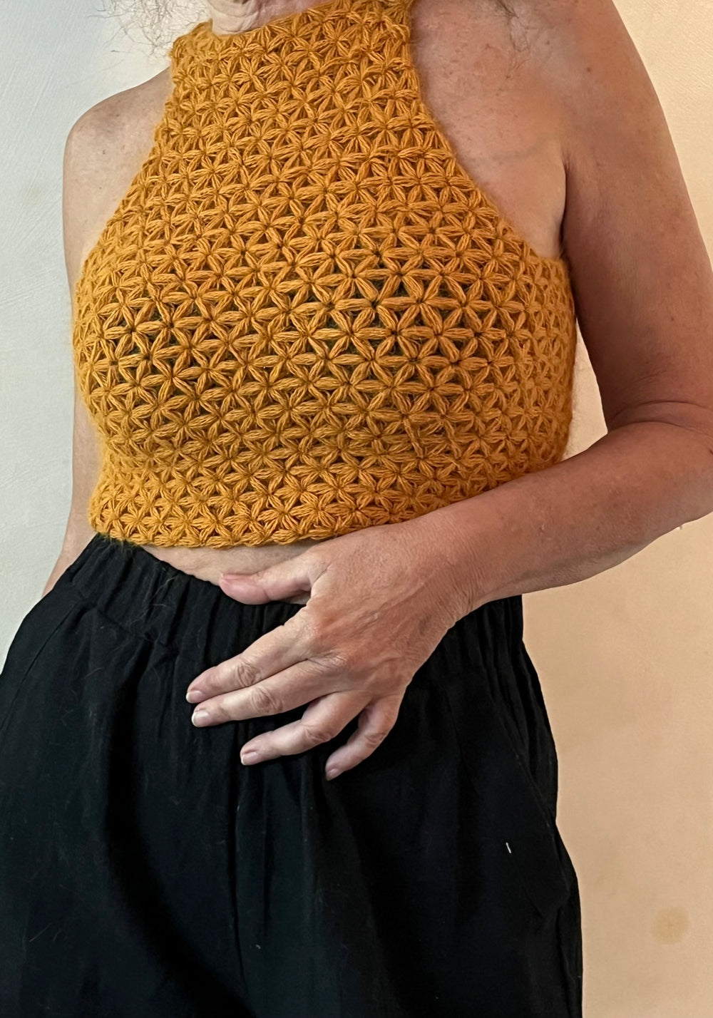 Ochre crochet halter top in jasmine stitch